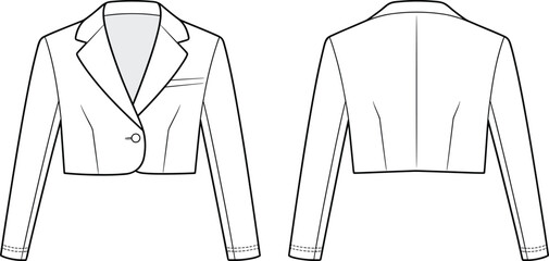 Vector technical flat of cropped tailored blazer jacket with long sleeves, notched lapel, single button closure front and back views illustration