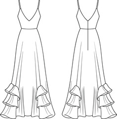 Elegant ruffled hem evening gown vector fashion sketch with spaghetti straps V neck bodice and full flared skirt dress template