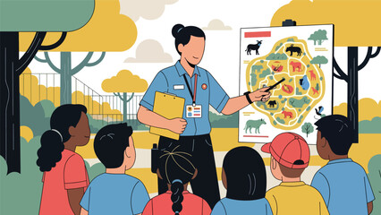 Children learning about animals from a zoo guide during an educational tour. Ideal for school trips, outdoor learning, and informative experiences