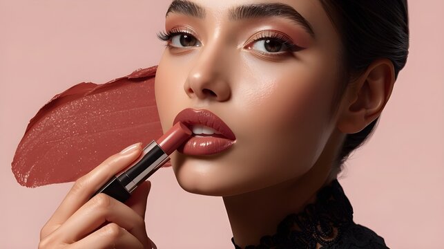 Close-up of a glamorous female model applying creamy nude lipstick with a cosmetic swatch. Her flawless skin and glossy lips showcase a realistic beauty concept - Powered by Adobe