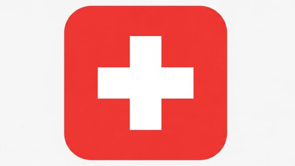 Obraz premium Simple red square icon with a white cross in the center, representing first aid, medical help, or the swiss flag
