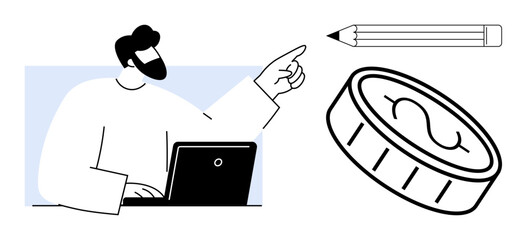 Man at laptop gesturing toward pencil and currency coin, representing creativity, budgeting, and planning. Ideal for productivity, freelancing, finance, strategy, education business goal setting