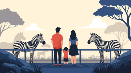 Fototapeta premium Family watching zebras grazing in their zoo enclosure. Ideal for wildlife tourism, animal observation, and outdoor family bonding content