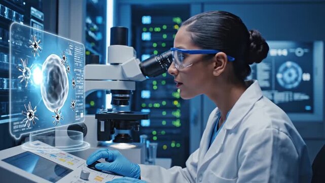 Researcher working with AI platform, examining a cell under a microscope in a laboratory environment