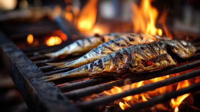 Fresh fish are being grilled over an open flame at an outdoor barbecue. The warm glow of the fire illuminates the scene creating a cozy atmosphere. Friends gather around enjoying the moment. - Powered by Adobe