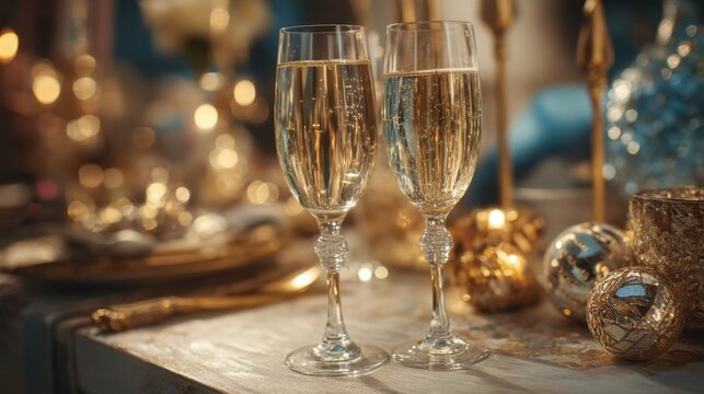 Two elegant flutes filled with sparkling wine stand on a table adorned with golden decor. This festive scene captures the warmth of a special celebration surrounded by joyful elements.