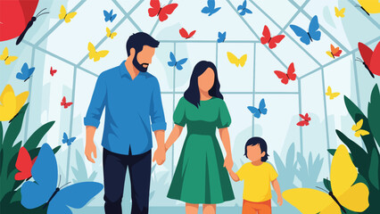 Family walking through a butterfly garden exhibit inside the zoo. Ideal for nature learning, peaceful environments, and educational family activities