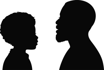 Father and Son Talking Face-to-Face Silhouette, Generational Dialogue, Family Bond, Communication, and Black Ethnicity Vector Profile