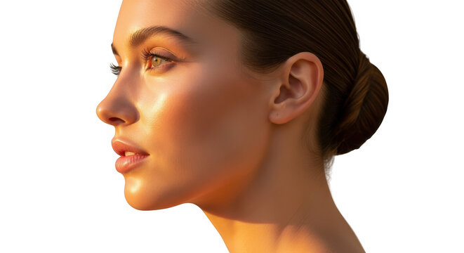 Closeup portrait of a woman with smooth skin and soft lighting highlighting her facial features isolated on transparent background