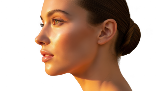 Closeup portrait of a woman with smooth skin and soft lighting highlighting her facial features isolated on transparent background