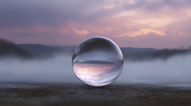 A clear glass sphere sits on the ground reflecting a misty colorful sunset landscape with rolling hills