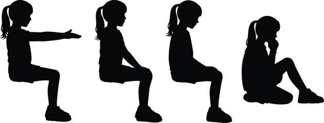 Vector Set of Sitting Little Girl Silhouettes, Child in Different Poses Arms Out Looking Down Sitting Cross-Legged, Black Isolated Graphic for Kids Activity and Education Concepts © Arman World