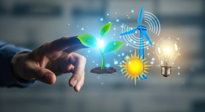 Hand touching renewable energy icons, plant, sun, wind turbine - Powered by Adobe