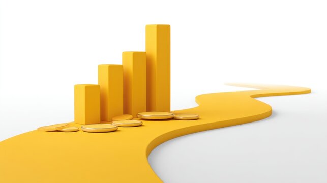 Yellow Bar Graph with Coins on a Curved Path Representing Financial Growth and Investment Strategy in a Minimalist Style for Stock Market Concept