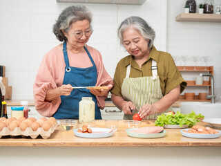 Cheerful senior Asian women holding ingredients for sandwiches in a kitchen. Happy elderly friends showing bread, meat, and vegetables while preparing a meal together.