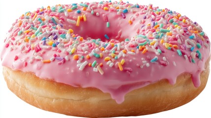 This tasty pink frosted donut features a fluffy dough base and is topped with vibrant sprinkles. It is ideal for breakfast or an afternoon snack providing a delightful treat.