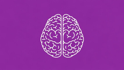 Minimalist white line art illustration of a human brain viewed from above against a solid vibrant purple background, symbolizing thought and intelligence