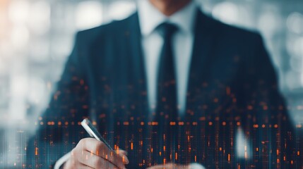 A businessman in a suit writes on paper, surrounded by a digital overlay of data visualizations, showcasing a blend of traditional and modern business practices.