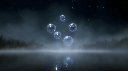Ethereal glowing spheres drift in a mystical foggy night sky casting reflections on a dark tranquil lake under a starlit expanse