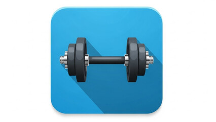 Flat design icon of a black dumbbell with adjustable weight plates centered on a bright blue rounded square background with a long shadow effect