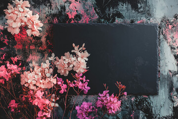 A sleek modern Technical Difficulties screen with minimalist glitch effects, Spring background with slate board and flowers