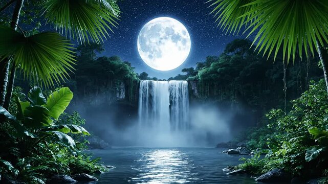 Moonlit waterfall scene in lush jungle. Majestic waterfall cascades under bright moonlight. Nighttime nature beauty inspires tranquility and relaxation.