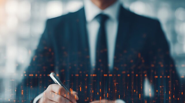 A businessman in a suit writes on paper, surrounded by a digital overlay of data visualizations, showcasing a blend of traditional and modern business practices.