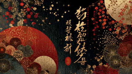 A luxurious New Year's background with a Japanese-style background of black, red, and gold leaf, featuring golden calligraphy art. Stock Illustration