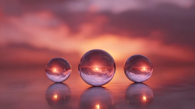 Three glass spheres reflect a vibrant pink and orange sunset on a wet mirrored surface