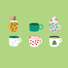 Cute hand-drawn winter mugs with holiday patterns. Festive cups perfect for Christmas designs, stickers, and cozy seasonal illustrations.