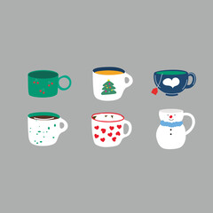Set of adorable Christmas mugs in pastel colors. Cozy winter tea and coffee themed illustration for festive projects.
