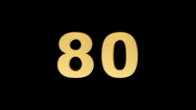 Rotating 3D Golden Number 80 Animation on transparent Background