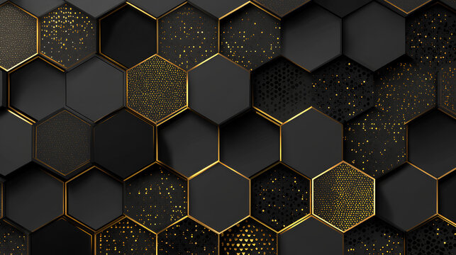 Abstract luxury background with dark mosaic honeycombs and shiny elements. Luxury dark background with hexagon elements. Elegant background with black honeycomb texture. Vector Stock Vector 