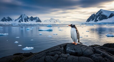 Lonely penguin surveys icy antarctic landscape at dawn.
