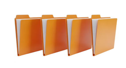 Four colorful file folders standing upright isolated on transparent background