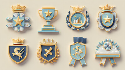 Achievements 3d icon set: trophy, crown, star, podium, medal, chart, shield, knight, flag Stock Illustration 