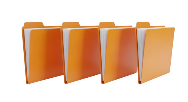 Four colorful file folders standing upright isolated on transparent background