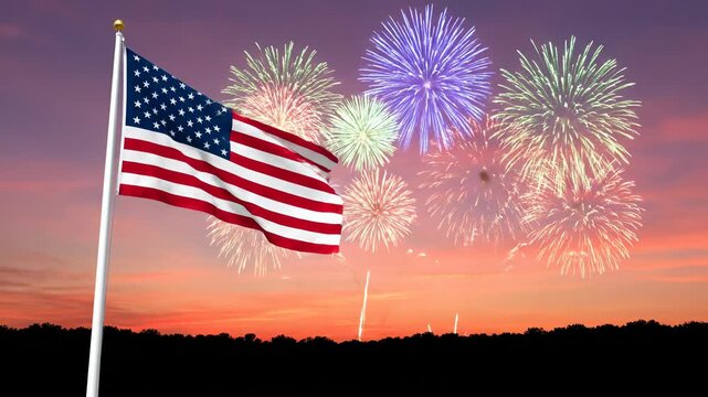 American flag waves during vibrant fireworks display. Celebration takes place at dusk, highlighting patriotism and joy. Festive atmosphere enhances national pride.