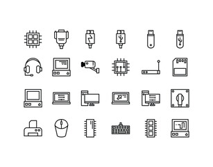 Computer Hardware and Networking Outline Icon Set. Professional Information Technology and Engineering Icons.