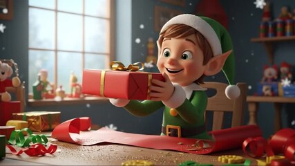 Animated christmas elf cheerfully wrapping presents for festive holiday season