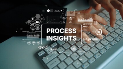 Hands Typing on Keyboard with Digital Process Insights Graphics and Data Analysis Visuals in Modern Workspace. Asymptotic smart data analytic.