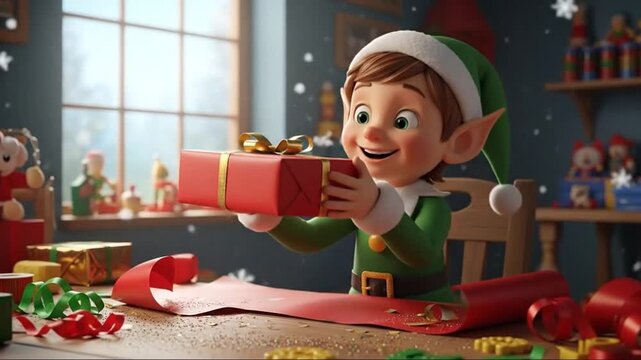 Animated christmas elf cheerfully wrapping presents for festive holiday season - Powered by Adobe