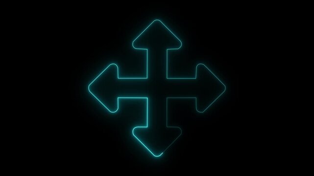 glowing neon fullscreen icon animation black background. 4K Video motion graphic animation. glowing  figure with three-way arrow symbol, showing adaptability, multitasking, decision direction,