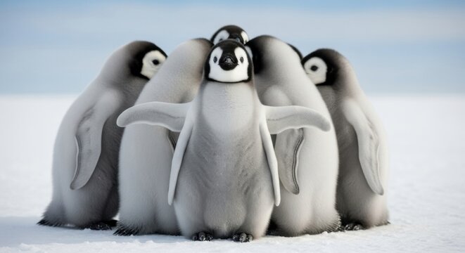 Adorable emperor penguin chicks huddle together on snow - Powered by Adobe