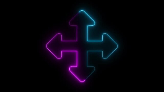 glowing neon fullscreen icon animation black background. 4K Video motion graphic animation. glowing  figure with three-way arrow symbol, showing adaptability, multitasking, decision direction,