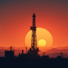 Oil Rig at Sunset Silhouette of Industrial Structures and the Evening Sky