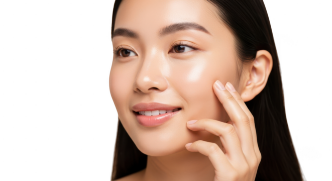 Young woman with smooth skin touching her cheek, showcasing a fresh and radiant complexion with a clean and natural look isolated on transparent background