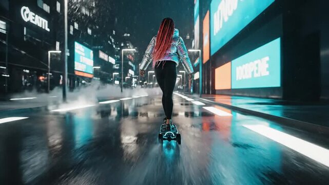 Young Woman Riding Electric Skateboard Through Futuristic City Street at Night