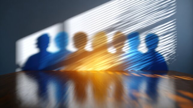 Silhouettes of diverse individuals cast on a reflective surface, illuminated by warm light streaming through blinds, creating an abstract representation of teamwork and collaboration