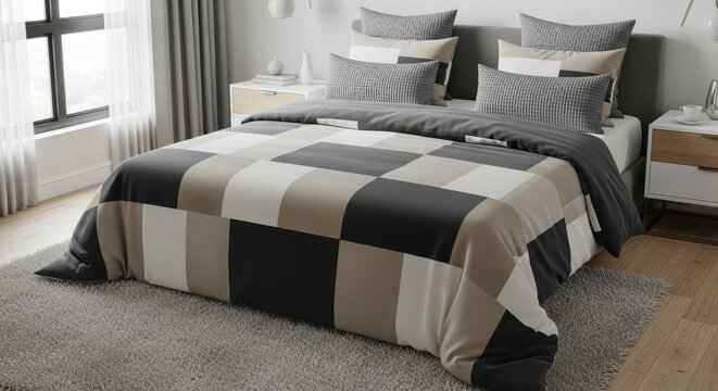 Modern Bedroom with Geometric Bedding and Natural Light - Powered by Adobe